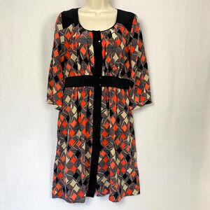 Plenty Tracy Reese Silk Dress Womens 8 Black Gray Geometric Midi Career Pockets